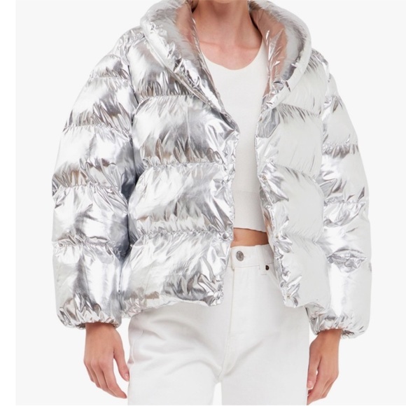 📌 NWT Endless Rose silver faux down padded design metallic puff jacket - Picture 1 of 4